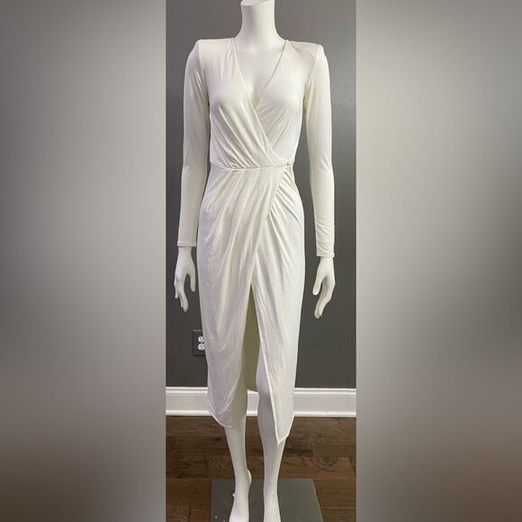 Good American Nude/Taupe Strong Shoulder Wrap Dress Plunging V-Neck Size 0 - Picture 2 of 11